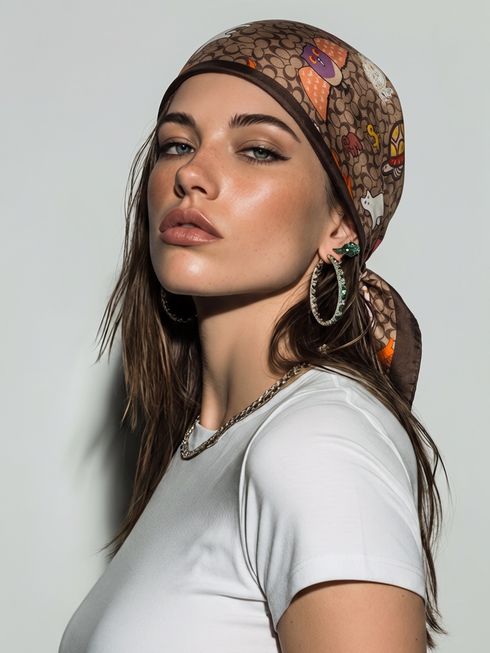 Brown Patterned Silk-Feel Headscarf with Orange Accents - Picture 3 of 11